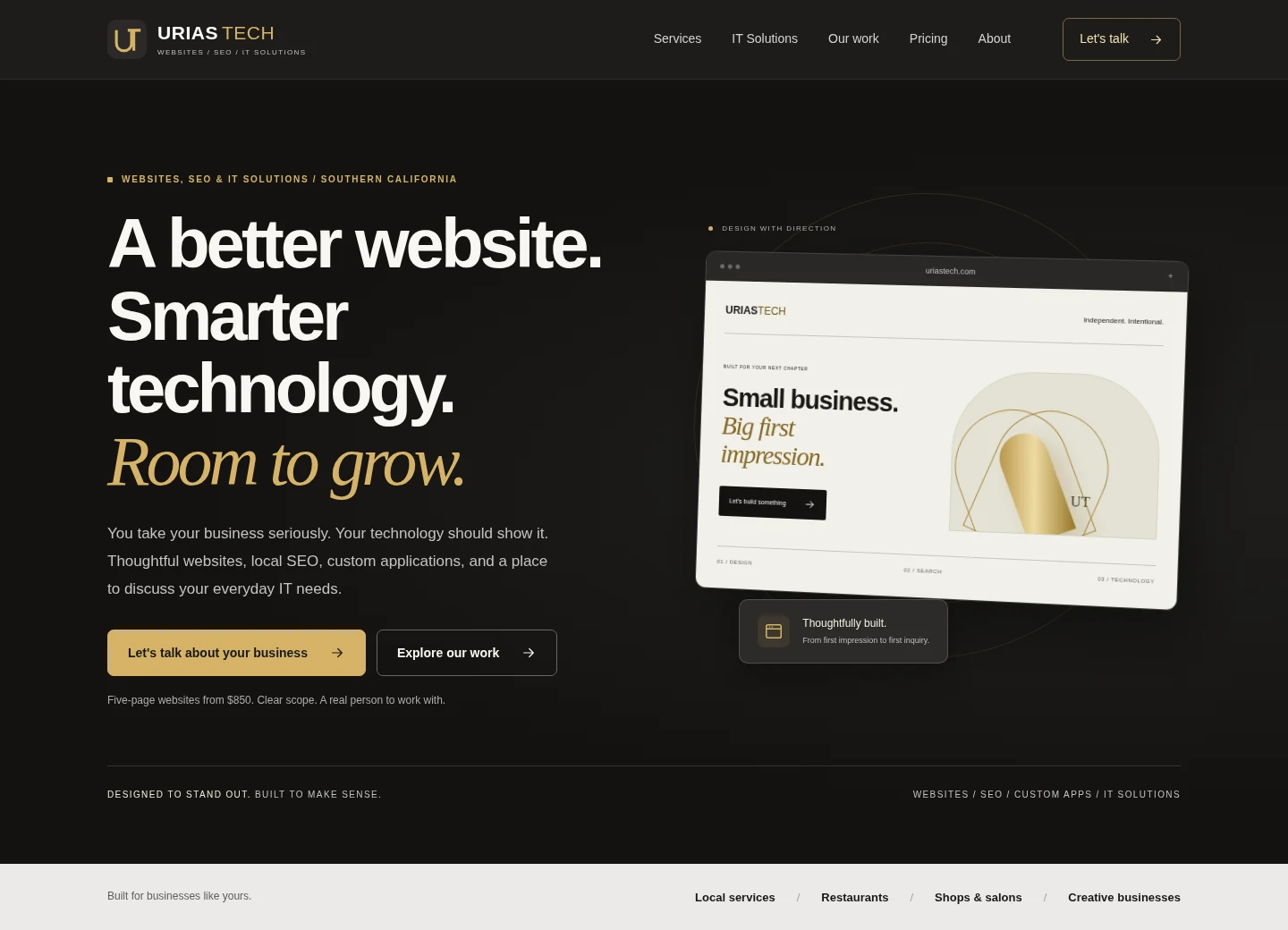 Desktop view of the Urias Tech homepage and service introduction